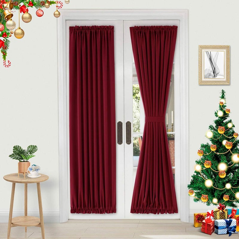 DWCN French Door Curtains â€“ Rod Pocket Thermal Blackout Curtain for Doors with Glass Window, Christmas, Kitchen and Patio Doors for Privacy, 25 X 72 Inches, 1 Curtain Panel with Tieback, Burgundy - Image 1